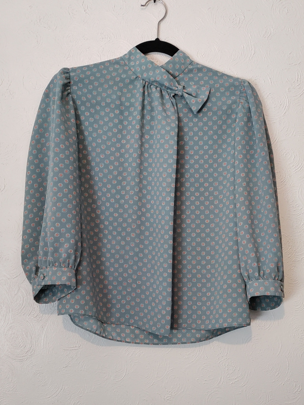 Light Blue Polka Dot Tie-Neck Blouse